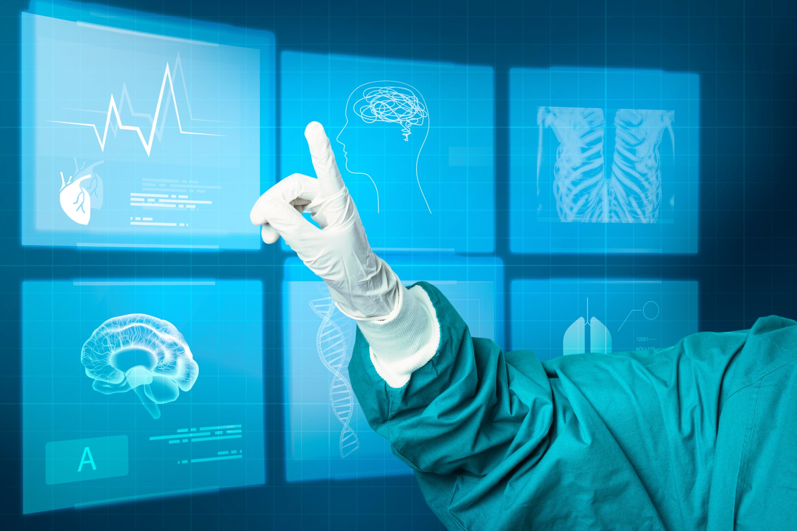Doctors working on modern virtual screen Hand in medical glove pointing to virtual screen medical technology